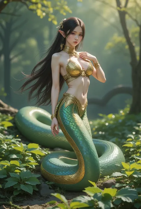  A mystical snake woman, half human and half serpent, with a captivating and enchanting presence. She has long, flowing hair that cascades down her back, blending seamlessly with the scales of her lower body. Her upper body is that of a graceful woman, fea...