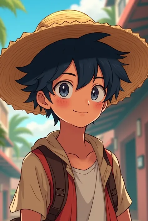 I wish I had a male character ,  anime style,  with dark hair wearing a straw hat in Cartoon 