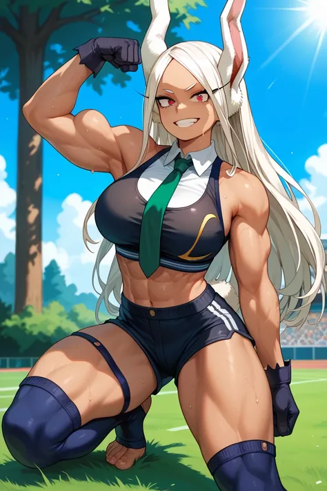 1girl, Mirko (Boku no Hero Academia), green tie, black leather gloves, black sports bra, black shorts, thigh-high socks, bare feet, long white hair in messy buns, red eyes, pointed rabbit ears, muscular arms and legs, flexing right bicep, looking directly ...