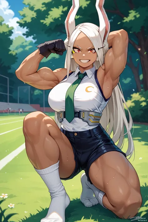 1girl, Mirko (Boku no Hero Academia), green tie, black leather gloves, black sports bra, black shorts, thigh-high socks, bare feet, long white hair in messy buns, red eyes, pointed rabbit ears, muscular arms and legs, flexing right bicep, looking directly ...