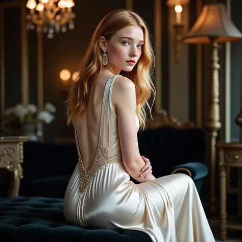 (((fullbody shot))), 1girl, looking back, looking at viewer, solo, long hair, looking at viewer, blue eyes, blonde hair, dress, jewelry, sitting, earrings, looking back, indoors, from behind, white dress, blurry, DoF, back, backless outfit, realistic, back...