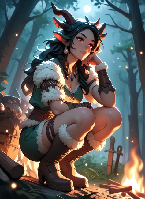 Smooth Quality, 1girl, mature, dragon horns, dragon girl, red eyes, barbarian, barbarian outfit, brown skin, horns, white fur, squatting, calm face, black hair, long hair, closed mouth, looking at campfire, forest, night, dark, cowboy shot, dynamic angle, 