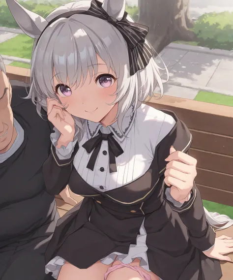 very awa, masterpiece, best quality, newest,  highres, absurdres、 There is only one 、heal chan、Uma Musume　heal chan、 gray hair 、Black outfit、Pink panties、Outdoors、 park bench、sit、 Sunny、 light shines in the water 、smile、One fat man 、A man is sitting next t...