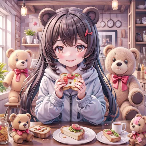 A cute little bear, Eat toast, smiles, in the room, A whole bunch of teddy bears