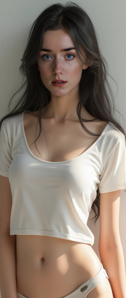 Realistic Woman with long hair、small Breasts、 White Drenched Tee 、Nipples protruding、Slightly slanted eyes、Looking at the camera、A little surprised face, nude , realistic textured skin, skinny women, collar bone, slim neck, pearl skin, oval shape breast, o...