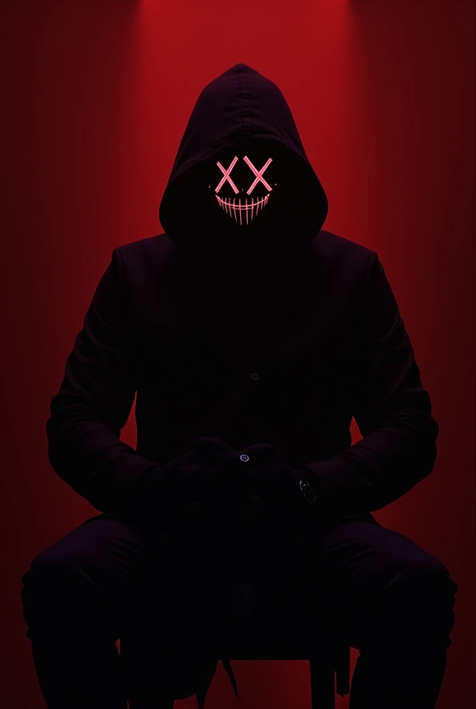 You can make a hacker sitting with a mask that hides his whole face, and with a black coat , In the background a dark red and on the sides a dark reddish, And the hacker must have the mask of X X