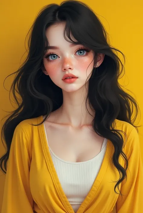  Creates a realistic image of an eighteen-year-old woman.  That she wears yellow and white colors . That her skin is white and with freckles . that your hair is black, long and luscious.  That her eyes are blue and that the background is yellow .