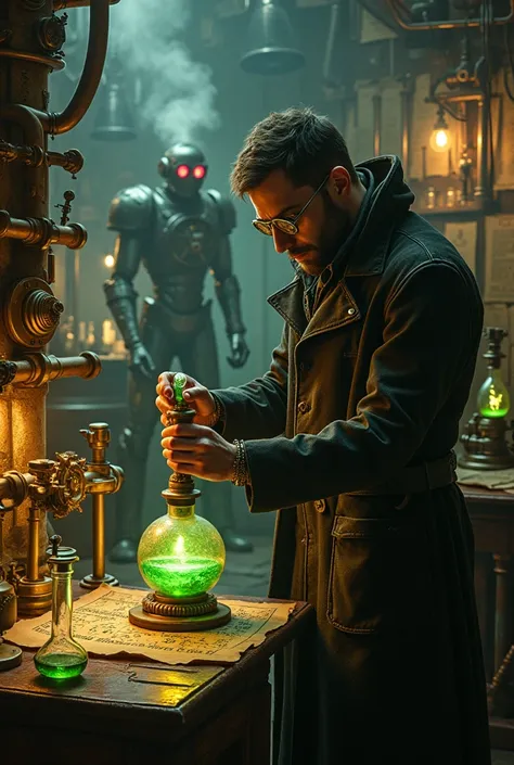 An elaborate steampunk laboratory filled with brass gears, intricate pressure gauges, and alchemical glassware bubbling with phosphorescent liquids. A shadowy scientist, clad in a tattered leather coat and round brass-rimmed goggles, carefully decants a gl...