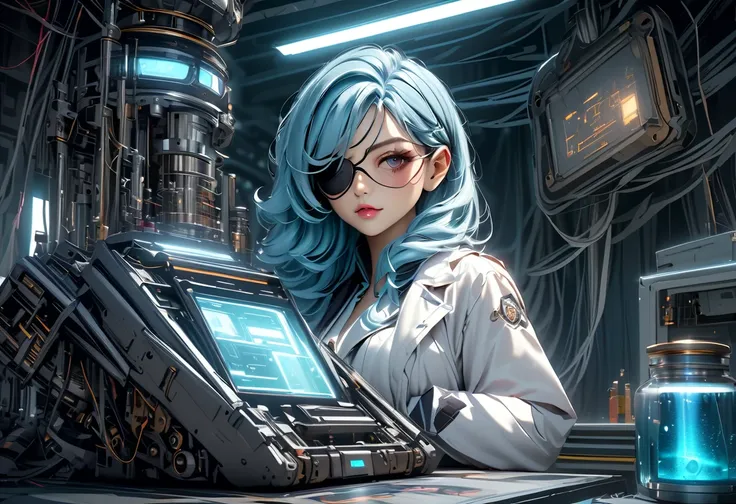 a mad scientist in a secret laboratory,Suspicious laboratory, suspicious research tools , highly detailed, realistic, photorealistic, 8k, masterpiece, suspicious research tools, chibi style, intricate details,eyepatch, doc, beautiful detailed lips, glowing...