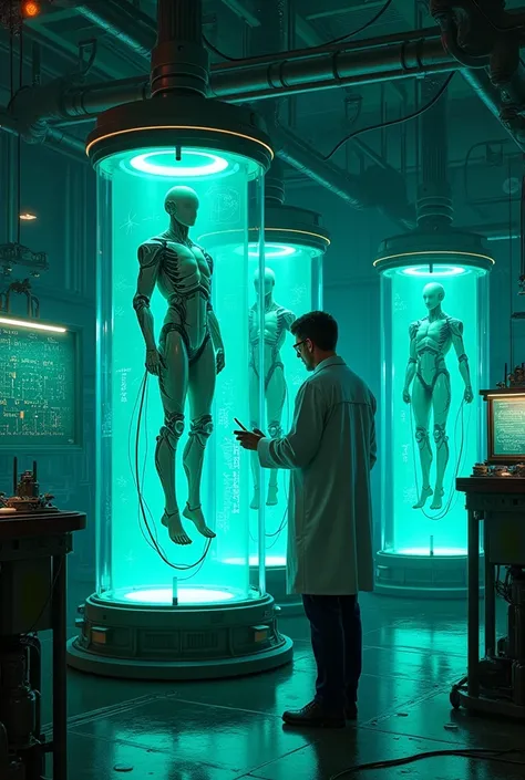 Futuristic cyberpunk laboratory, bathed in eerie neon blue and green hues, deep underground. Rows of glowing glass tubes line the walls, each containing a suspended humanoid figure, their bodies connected to intricate bio-mechanical wires. A scientist in a...