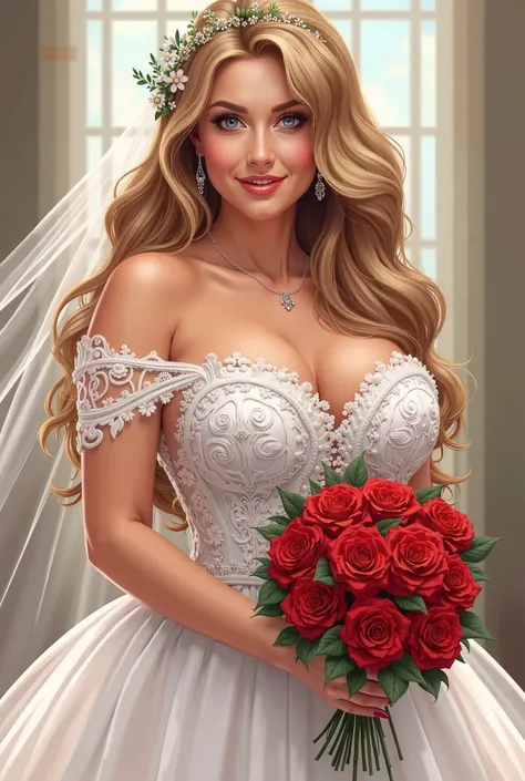  The most beautiful woman in the world, long and soft hair and blonds,  blue eyes, plump lips,  curvy body,  voluptuous,  medium breasts seductive brunette,  wearing a gorgeous wedding dress,  romantic,  elegant and sensual,  holding a bouquet of red roses...