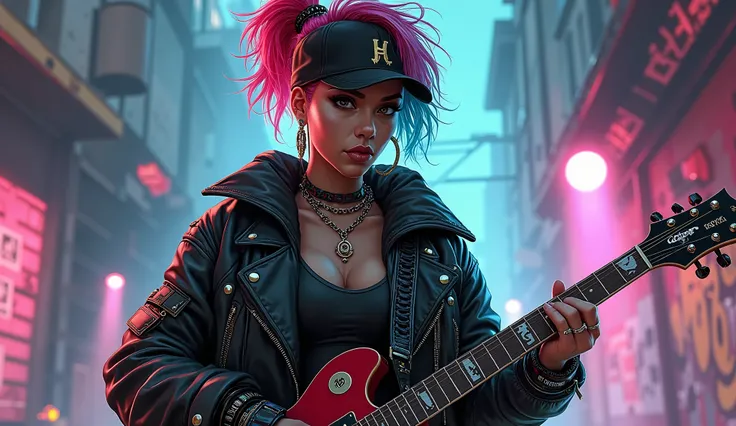 Create a high-resolution digital artwork featuring a dynamic female character that merges elements from rock, metal, and hip-hop styles.

Fashion Style: Dress her in a leather jacket with studs, paired with oversized hip-hop-inspired hoodies or caps. Add c...