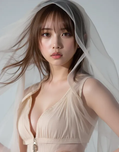 Bewitching Goddess, ((perfect anatomy:1.2, realistic:1.3, RAW Photography:1.3, masterpiece, highest quality, Ultra-High resolution, High resolution, Highly detailed CG, 8K)), brown long hair, hair blowing in the wind, huge breasts, The outfit should be all...