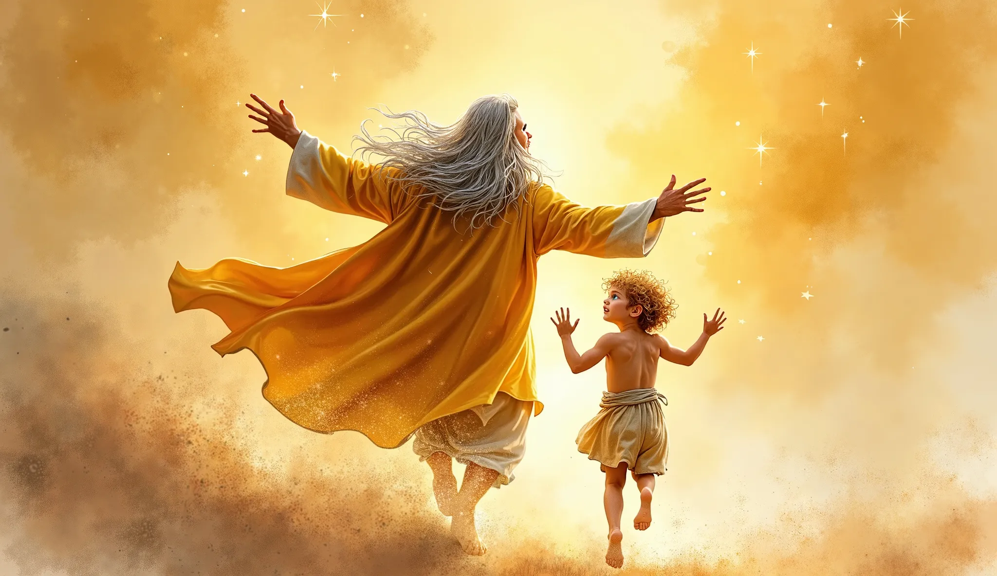 A breathtaking watercolor painting of King Aurélio running joyfully towards his lost son, Lior. The king’s long silver hair flows as he opens his arms wide, his golden robe glowing in the warm light. Lior, barefoot, his clothes torn and faded, with messy g...