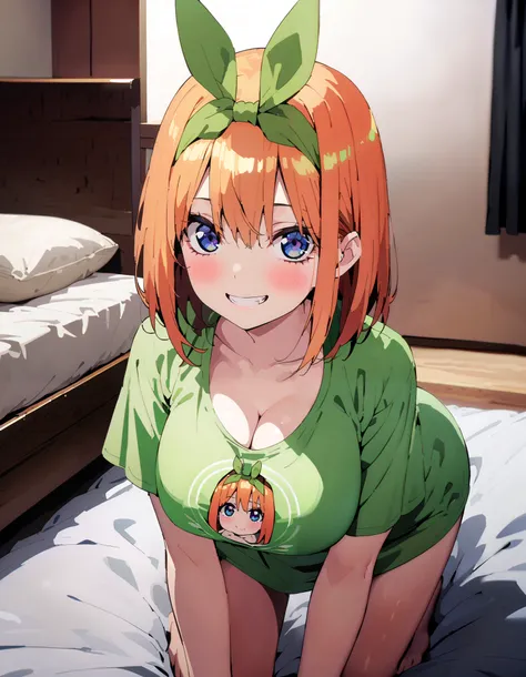 Nakano Yotsuba,  short hair, bangs,  blue eyes,  ,  orange hair,Eye hair ribbon ,  headband,  orange hair, (Green ribbon:1.5),smile,blush, grin ,Big Breasts, cleavage, standing on all fours on the bed,  down blouse, loose t-shirt ,green string underwear , ...