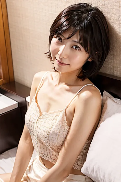 35-year-old Japanese woman with beautiful breasts and short black hair、Open chest shirt and hot pants、 in bed、whole body