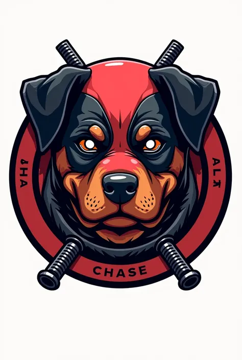 Rottweiler head without the body and disguised as Deadpool inside a circular logo with Deadpool's swords and bearing the name CHASE circled around the logo