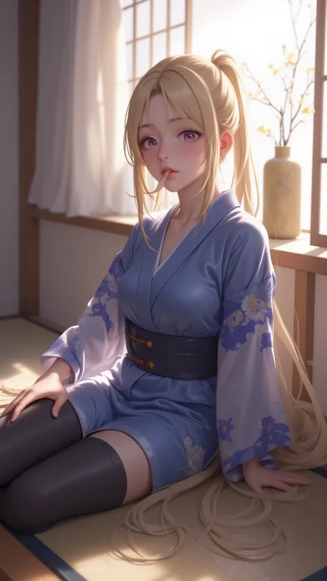  A quiet girl sitting in the tatami room， Under the bright sun ， There is a large room 、 window 、vase（ Japanese style background ），Mysterious、 Narrow road 、gender、（ Cowgirl pose ：1.1）、 Ponytail、 Blonde Hair、long hair、 very long hair、 Blue and blue clothing...