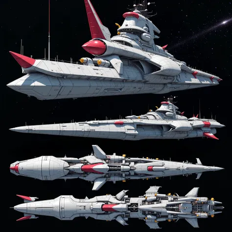 a massive battleship with a red bow and large bow, highly detailed realistic warship design, viewed from the front, side and bottom perspectives, macross style, dark (spaceship), color palette by Hiroruki Takahashi