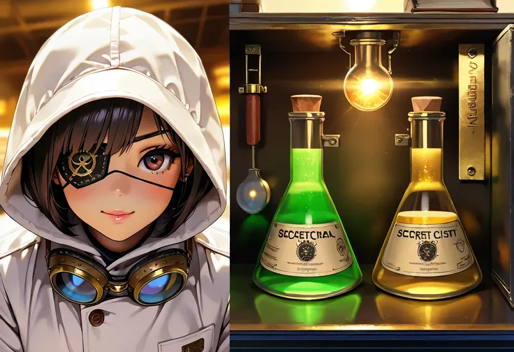 Masterpiece, (Top Quality, High Resolution Creation, 4K, 8K), (Real, Photoreal: 1.5), ((Secret Laboratory)), Suspicious Laboratory, Steampunk Style, Suspicious Research Tools, Flask, Beaker, Suspicious Smoke: 1.5, Suspicious Light, Break Chibi Character Ma...