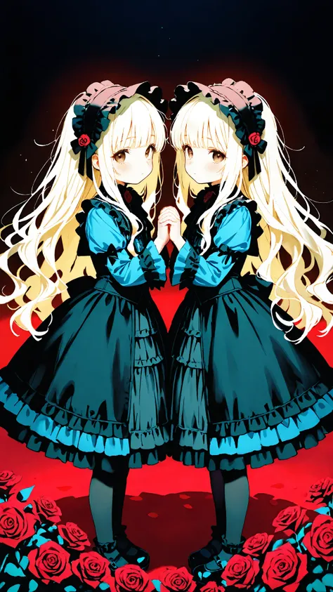  high quality，  long silvery hair， Messy Hair，
 Brown Eyes，cute eyes，  eyes with highlights，
 very young girl ，  two girls holding hands，
black gothic lolita  ，  has a black headdress ，
 dark room background，Red roses dance，
look at viewer，
