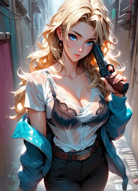 Smooth Quality, 1girl, solo, bangs, belt, black bra, blonde hair, blue eyes, bra, bra visible through clothes, breasts, cleavage, collarbone, holding pistol, jacket, lace, lace-trimmed bra, lace bra, lace trim, large breasts, long hair, looking at viewer, ...