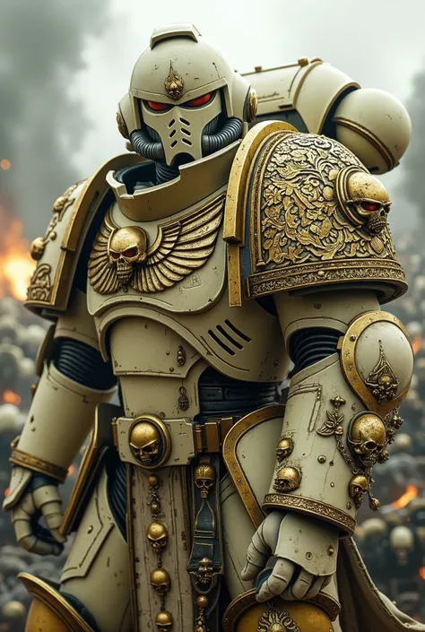 A heavily armored Space Marine in an ivory-colored power armor, standing in a battle-ready stance. His helmet is fully enclosed, featuring intricate engravings. One of his pauldrons showcases an elaborate golden Thai-inspired pattern, seamlessly blending t...