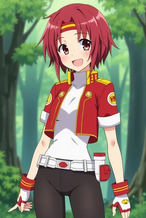  Girl. Short, bob, Red Hair. Dark-brown eyes. Wearing a cropped red jacket with yellow details, short sleeves, white cuffs, and a high collar. The jacket features circular badge-like symbols on both sleeves. A white high-neck undershirt. Black form-fitting...