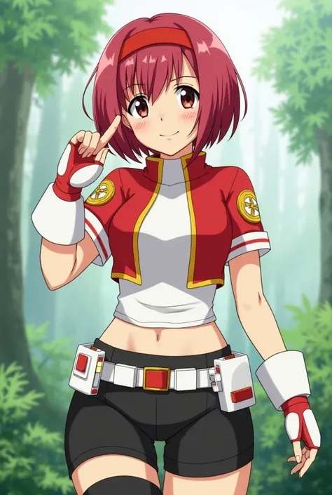  Girl. Short, bob, Red Hair. Dark-brown eyes. Wearing a cropped red jacket with yellow details, short sleeves, white cuffs, and a high collar. The jacket features circular badge-like symbols on both sleeves. A white high-neck undershirt. Black form-fitting...