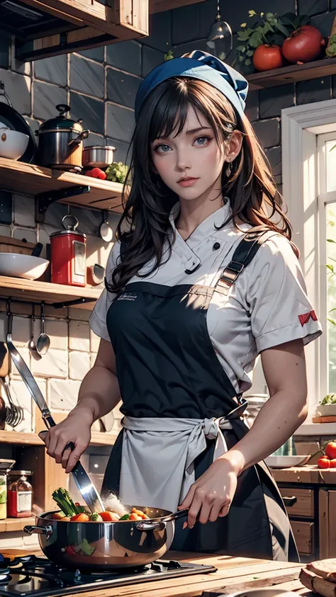  top quality,  Masterpiece,  super high resolution,  surrealism, firewood,  moss piled up in the corner of the kitchen, 18-year-old girl,  Lantern,  blue eyes、 Frilled Apron Dress、 head triangle towel （ bandana、headscarf）、 cooking in the kitchen、Simmered F...