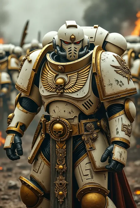 A Warhammer 40K Space Marine clad in ivory-colored power armor, standing in a powerful and imposing stance. His helmet is fully enclosed, designed with a sleek yet battle-worn aesthetic. One of his pauldrons is golden, gleaming under the dim battlefield li...