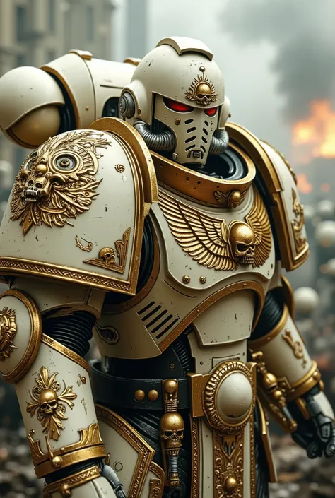 A heavily armored Space Marine in an ivory-colored power armor, standing in a battle-ready stance. His helmet is fully enclosed, featuring intricate engravings. One of his pauldrons showcases an elaborate golden Thai-inspired pattern, seamlessly blending t...