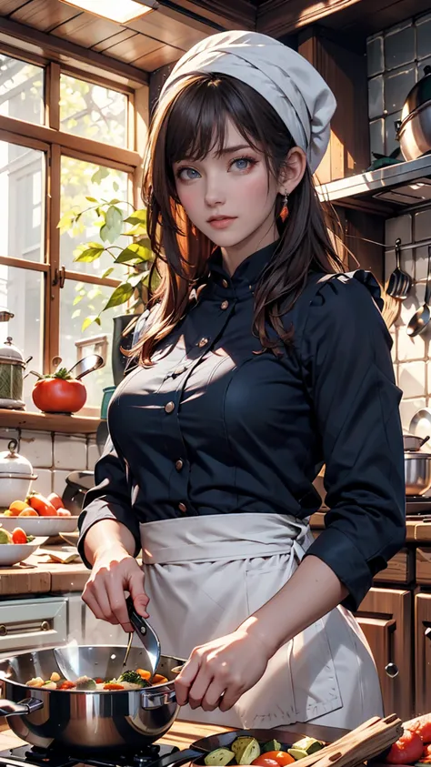  top quality,  Masterpiece,  super high resolution,  surrealism, firewood,  moss piled up in the corner of the kitchen, 18-year-old girl,  Lantern,  blue eyes、 Frilled Apron Dress、 head triangle towel （ bandana、headscarf）、 cooking in the kitchen、Simmered F...