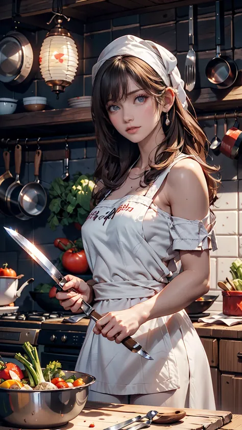  top quality,  Masterpiece,  super high resolution,  surrealism, firewood,  moss piled up in the corner of the kitchen, 18-year-old girl,  Lantern,  blue eyes、 Frilled Apron Dress、 head triangle towel （ bandana、headscarf）、 cooking in the kitchen、Simmered F...