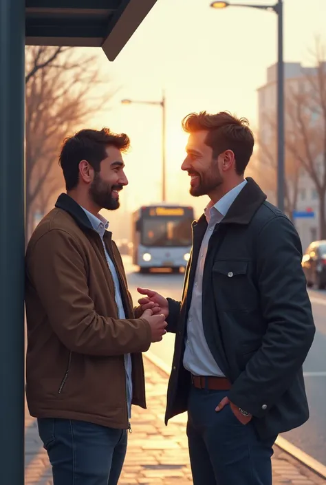 A realistic digital illustration of two strangers conversing at a bus stop on a slightly chilly morning. One man, wearing a casual jacket, is checking his watch while the other, dressed in office attire, is responding with a friendly expression. The backgr...