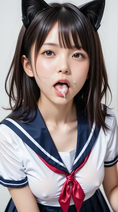 ((((Japanese sailor girl middle school student with cheeks printed on her penis、round face、 sailor collar 、 Pleasant face、cnadid shot))))、((( open your mouth 、 semen in the mouth)))、Close-up chest、Overview、 Navy Blue School Swimsuit 、 Navy Blue Ruffle Skir...