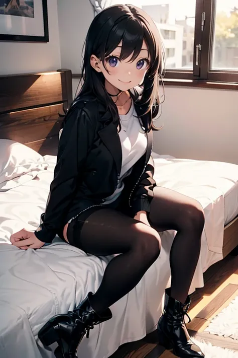 Dibuja A Una chica anime en la cama  smiling con cabello suelto negro,  violet eyes,  black boots, Large stockings,  black pants,  black jacket ,  smiling