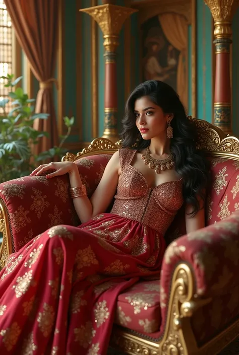        cute glamorous woman sitting                    、                        Ancient Indian costume             、             、Inside the palace、 Lie down on a luxurious sofa               