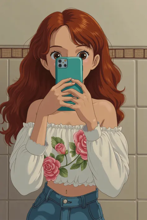 The studio style gibli a young girl with long voluminous dark red hair. She is wearing white off-shoulder top with a floral print of pink roses and green leaves. She is also wearing blue jeans. The person holds a turquoise smartphone with a case and takes ...