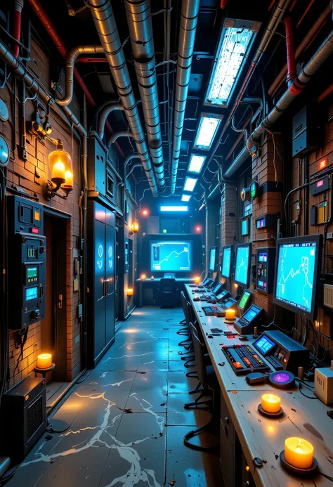 ultra detailed, absolutely resolution, masterpiece.
In a dimly lit basement, lit by candles, the alternating brick walls are slid aside to reveal a hidden laboratory. The laboratory is covered in marble, with several huge monitor screens, a console with c...
