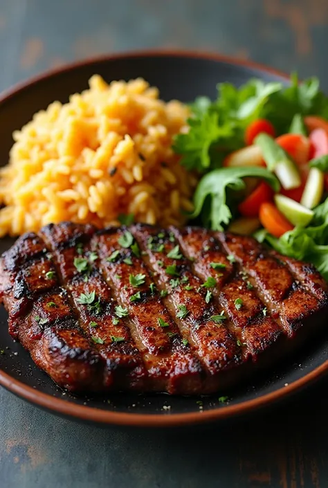 a plate, with Churrasco .
 Set aside your salad ,  set aside your rice with cheese