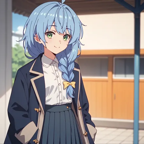 anime style、 cute、score_9, score_8_up , score_7_up , score_6_up , score_5_up , score_4_up ,1girl, blue hair, long hair, ahoge, braid, green eyes, pleated skirt, shirt, coat, smile