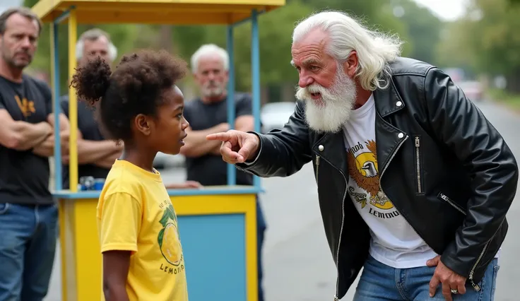 A tense scene on a suburban street where a young African American girl with curly hair tied in pigtails stands behind a small lemonade stand. She wears a bright yellow t-shirt with a lemon graphic and denim shorts. She looks nervous and slightly scared as ...