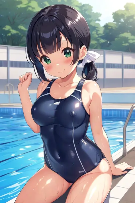 cute, girl, , 6th elementary school student, black hair, Bob-Half up-short ponytail, (Short), ((Dark blue school swimsuit)), white knee-high socks, big bust, (((shiny skin))), blush, smile, (((Loli))), (see-nipples), school swimming pool