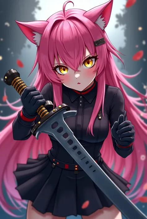  anime with long spiky pink hair, Pink cat ears ,  golden eyes, Your clothes are black with a cat's tooth , wielding a heavy sword.
