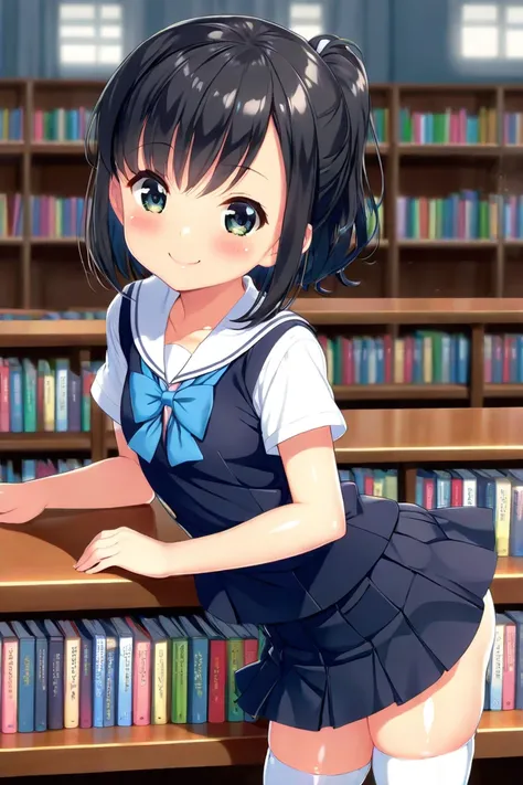 cute, girl, , 6th elementary school student, black hair, Bob-Half up-short ponytail, (Short), ((School uniform)), (Miniskirt), vest, white knee-high socks, small bust, (((shiny skin))), blush, smile, (((Loli))), see-nipples, school library