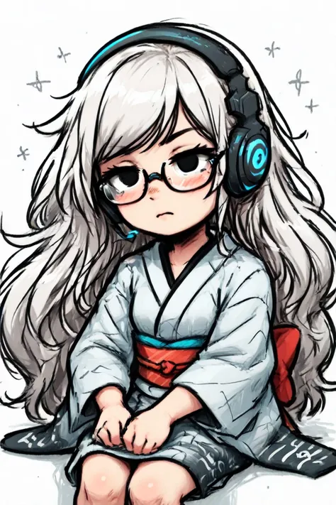 An adult Japanese female. Short, wavy white hair. Black eyes. Wears a dark grey Japanese kimono that reaches down to her ankles. Wears glasses. Wears a gaming headset. Streams PC games. Stuck on a difficult level and at her wit's end. Drawn in American com...