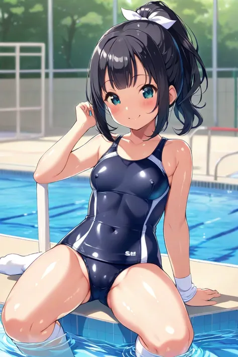 cute, girl, , 6th elementary school student, black hair, Bob-Half up-short ponytail, (Short), ((Dark blue school swimsuit)), white knee-high socks, medium bust, (((shiny skin))), blush, smile, (((Loli))), (see-nipples), school swimming pool