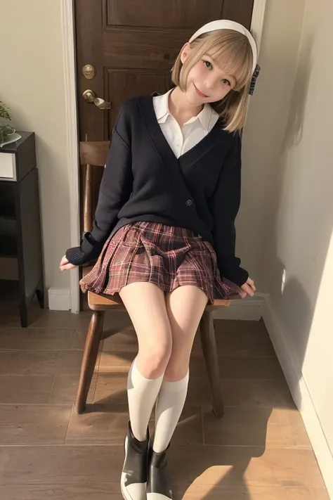  tartan check mini skirt、 white socks,white v-neck sweater、   Age Is Lori Girl ,  skin texture, Curled semi-long ,  medium chest,  gentle eyes、 high school girl、((((Full body cut down to the feet ))))
 in the seat、Two arms、Two hands、2 legs 、There are 2 leg...