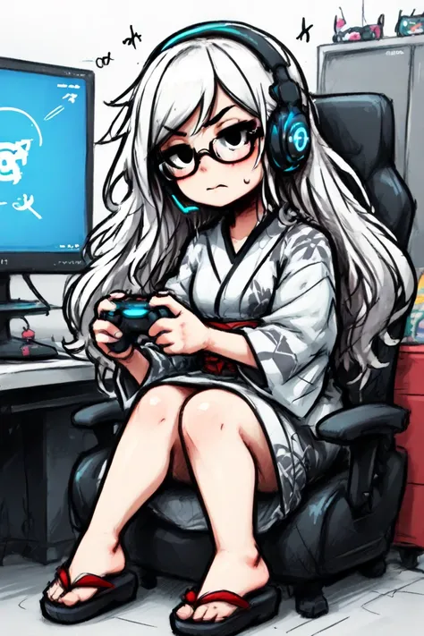 An adult Japanese woman. Short, wavy white hair. Black eyes. Wears a dark grey Japanese kimono that reaches down to her ankles. Wears glasses. Wears a gaming headset. Streams PC games. Stuck on a difficult level, clutching the game controller in despair. D...